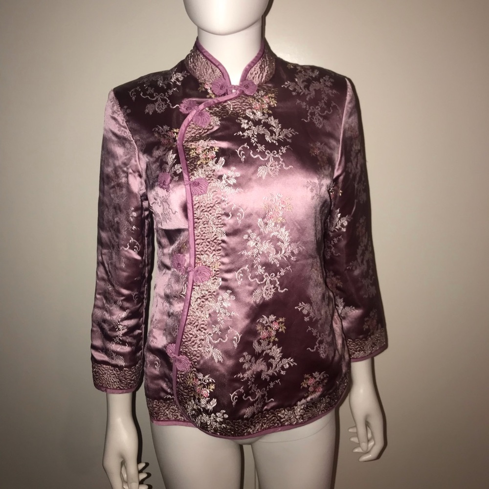 ANTHROPOLOGIE pink satin embroidered jacket top 6